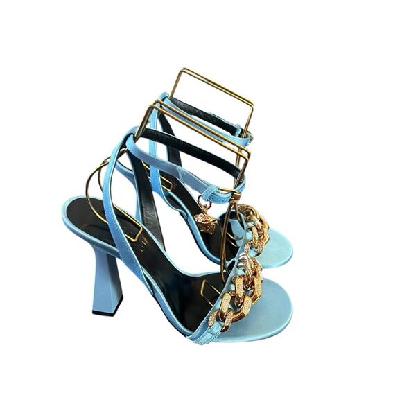 Versace Gold Chain Ankle Strap High Heel Sandals Ice Blue NEW EU 38 US 8 - Picture 4 of 12